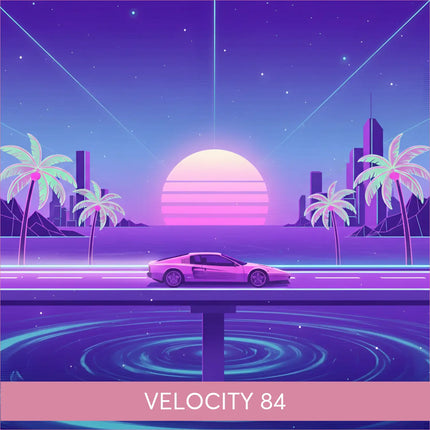 Sleek pink sports car on neon highway for Velocity 84 synthwave gymnastics floor music