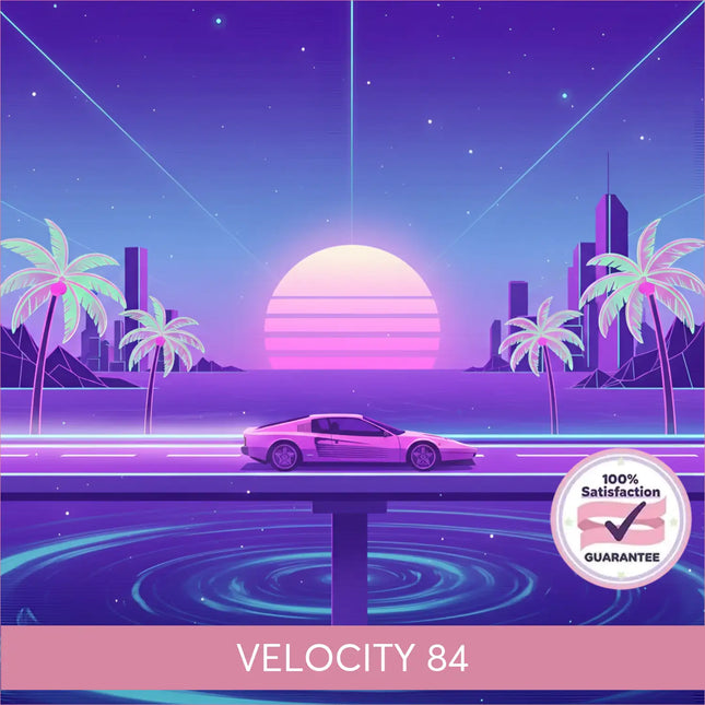 A sleek pink sports car drives along a neon-lit highway under a sunset for velocity 84 synthwave gymnastics floor music