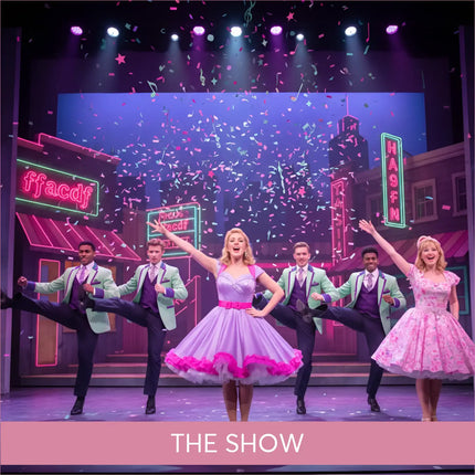 A vibrant lavender and pink sequined stage dress with flared skirt and ruffled hemline perfect for gymnastics floor or broadway floor music routines
