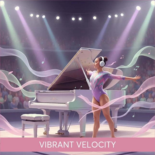 Woman in purple leotard by grand piano in Vibrant Velocity lyrical gymnastics floor music