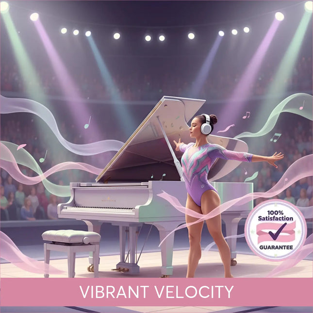 A woman in a shimmering purple and pink leotard stands by a white grand piano with flowing ribbons for gymnastics floor music