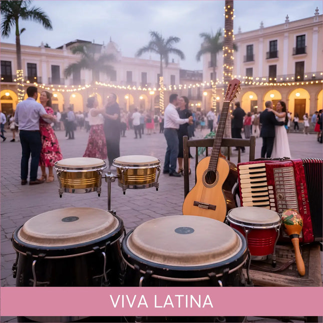 A pair of black conga drums with chrome hardware in viva latina classic salsa gymnastics floor music setup