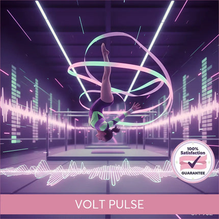 A gymnast in a neon suit performs an aerial flip with glowing ribbons on an edm gymnastics floor music backdrop