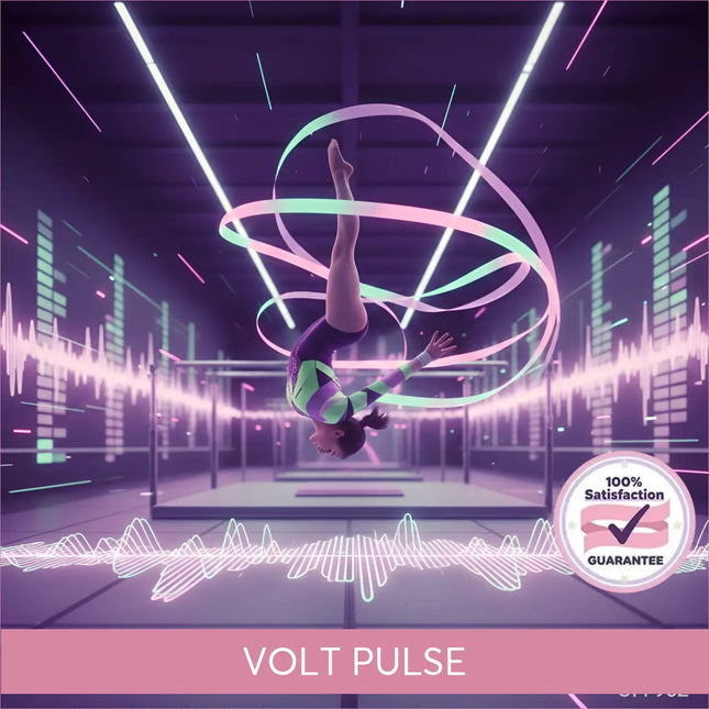 A gymnast in a neon suit performs an aerial flip with glowing ribbons on an edm gymnastics floor music backdrop