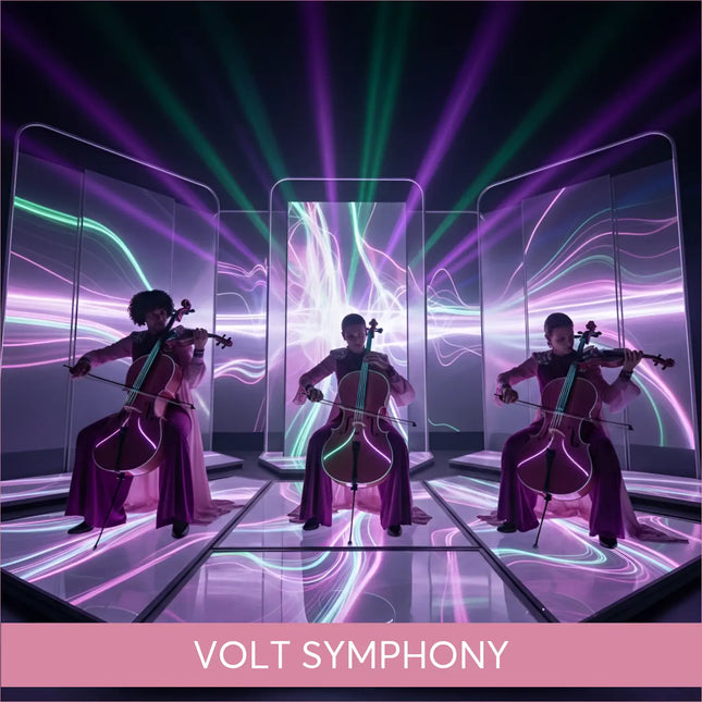 Three musicians in purple robes play cellos in Volt Symphony modern orchestral gymnastics floor music under neon lights