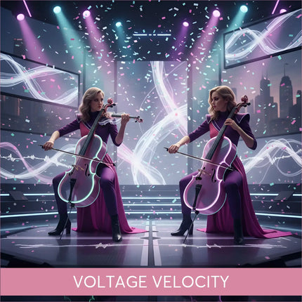 Voltage Velocity modern orchestral gymnastics floor music: glowing cellos on stage