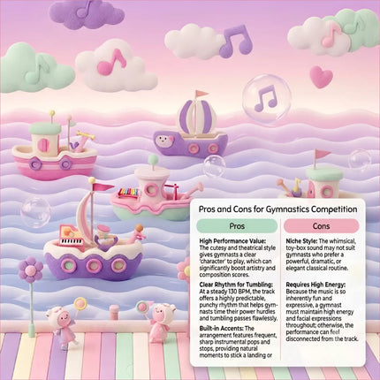 Pastel-colored toy boats with musical notes and hearts float in a whimsical candy cane gymnastics floor music scene