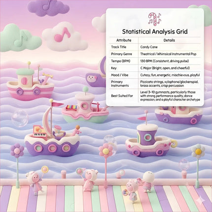 Pastel pink and purple toy boats with candy cane details float on a whimsical ocean for gymnastics floor music