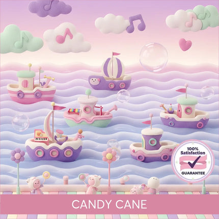 Pastel-colored toy boats with candy cane accents float on a whimsical ocean scene for gymnastics floor music