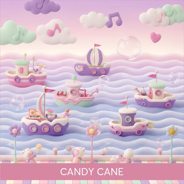 Whimsical candy cane gymnastics floor music features pastel-colored toy boats with soft purple pink and mint accents floating