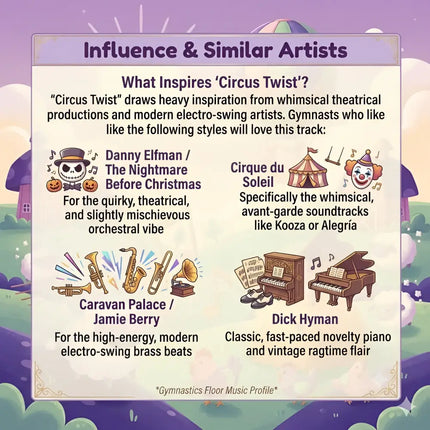 The whimsical circus twist gymnastics floor music features danny elfmans halloween skeleton with circus-themed illustrations