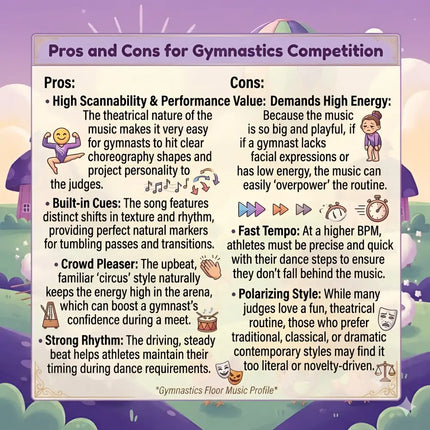 Infographic showing pros and cons for gymnastics competition with whimsical circus twist gymnastics floor music on purple background