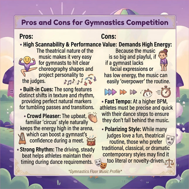 Infographic showing pros and cons for gymnastics competition with whimsical circus twist gymnastics floor music on purple background
