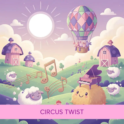 Pastel purple grand piano with heart-shaped keyhole on lid on smiling hay bale in whimsical circus twist gymnastics floor music scene