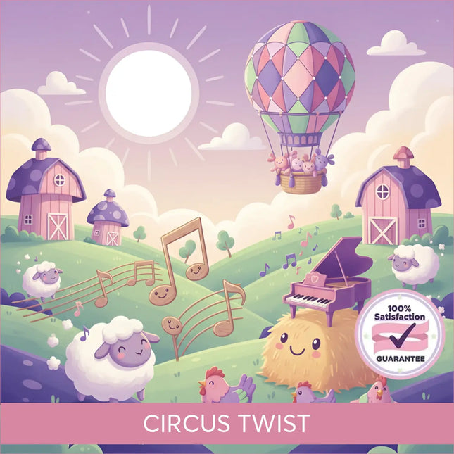 Pastel purple grand piano with heart-shaped keyhole on lid on smiling hay bale in whimsical circus twist gymnastics floor music scene