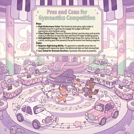 A whimsical pastel illustration of cartoon animals on a circular stage for cloud hop gymnastics floor music