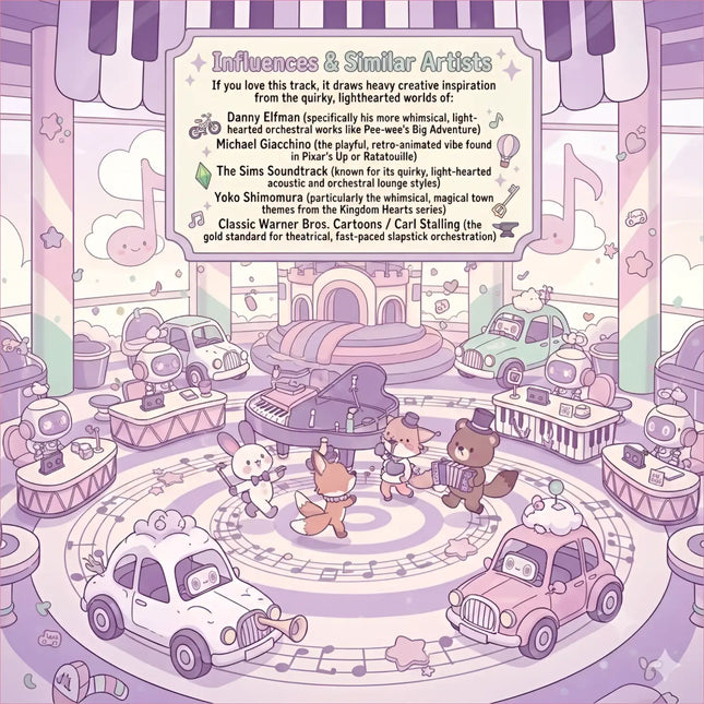 A whimsical pastel-colored cloud hop gymnastics floor music scene with cutesy cartoon animals on a musical stage