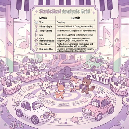 Purple grand piano with glossy finish and ornate details in whimsical cloud hop gymnastics floor music studio scene