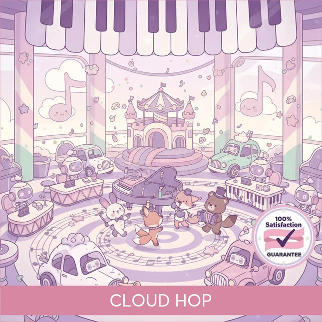 A whimsical purple grand piano with a glossy finish on a musical stage for cloud hop gymnastics floor music
