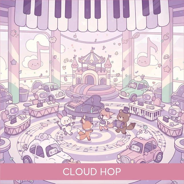 A whimsical purple grand piano with a glossy finish on a musical stage for cloud hop gymnastics floor music