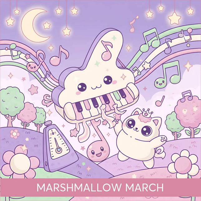 A whimsical pastel grand piano with a friendly face and rainbow notes for marshmallow march gymnastics floor music