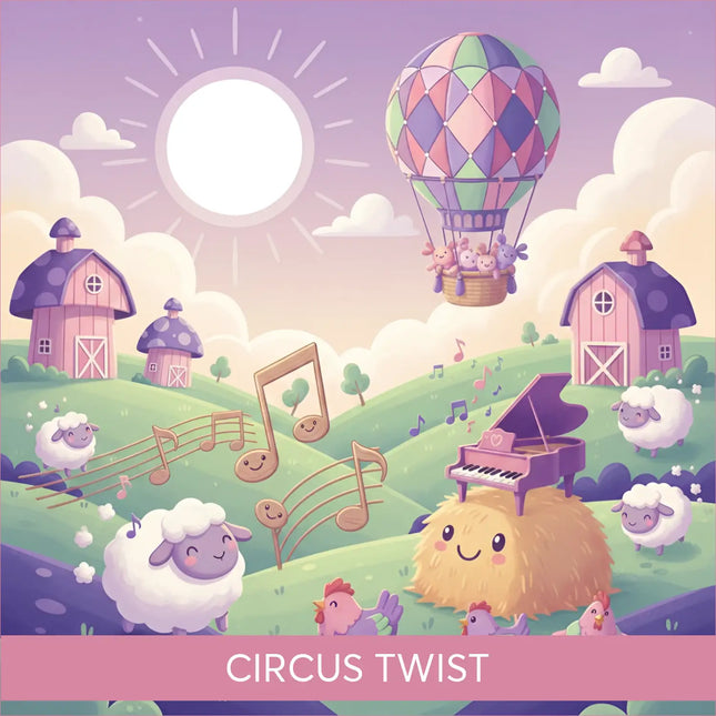 Pastel purple grand piano with heart-shaped keyhole on lid sitting on smiling hay bale for whimsical circus twist gymnastics floor music