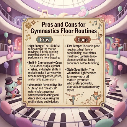 A whimsical purple and pink infographic showing pros and cons of gymnastics floor routines for pocket rocket music