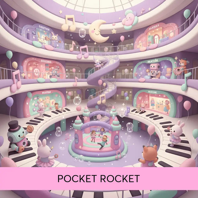 Pastel purple and pink pocket rocket whimsical gymnastics floor music arcade with cartoon characters balloons and notes