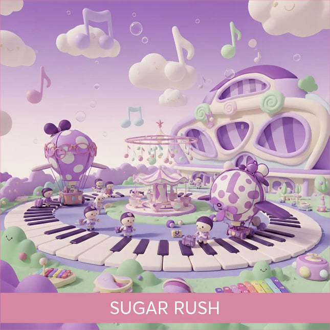 A whimsical purple and white polka-dotted hot air balloon with a smiling face floats above a sugar rush gymnastics floor music playground